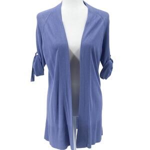 Talbots Linen Blend Open Front Cardigan Blue Small Roll Tab Sleeves